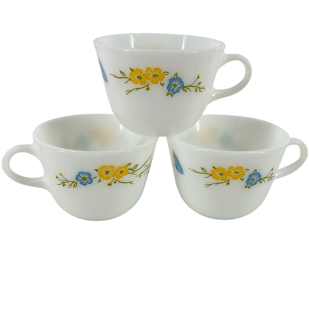 Vintage Pyrex Flirtation Milk Glass cups Set of 3 Yellow Blue Flowers Butterfly